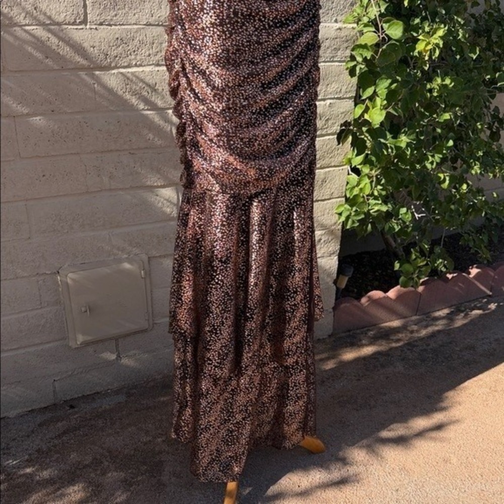 Soieblu Bronze Metallic Ruched High Low‎ Mermaid Gown Dress Womens Large L - Picture 5 of 9